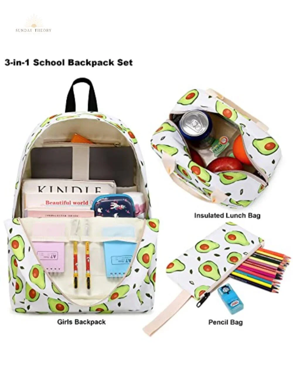 Girls Backpack Set with Lunch Bag and Pencil Case, 3-in-1 School Bookbag